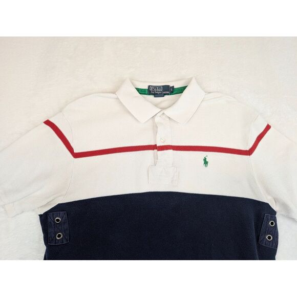 Vtg Polo Ralph Lauren Knit Polo Mens Large White Blue Chest Stripe - Picture 4 of 10